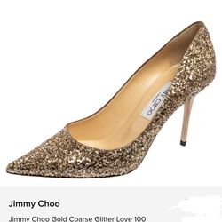 Jimmy Choo Gold Coarse Glitter Love 100 Pointed-Toe Pumps Size 37.5