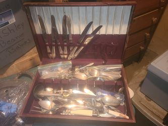 wooden Box filled With Vintage Silverware
