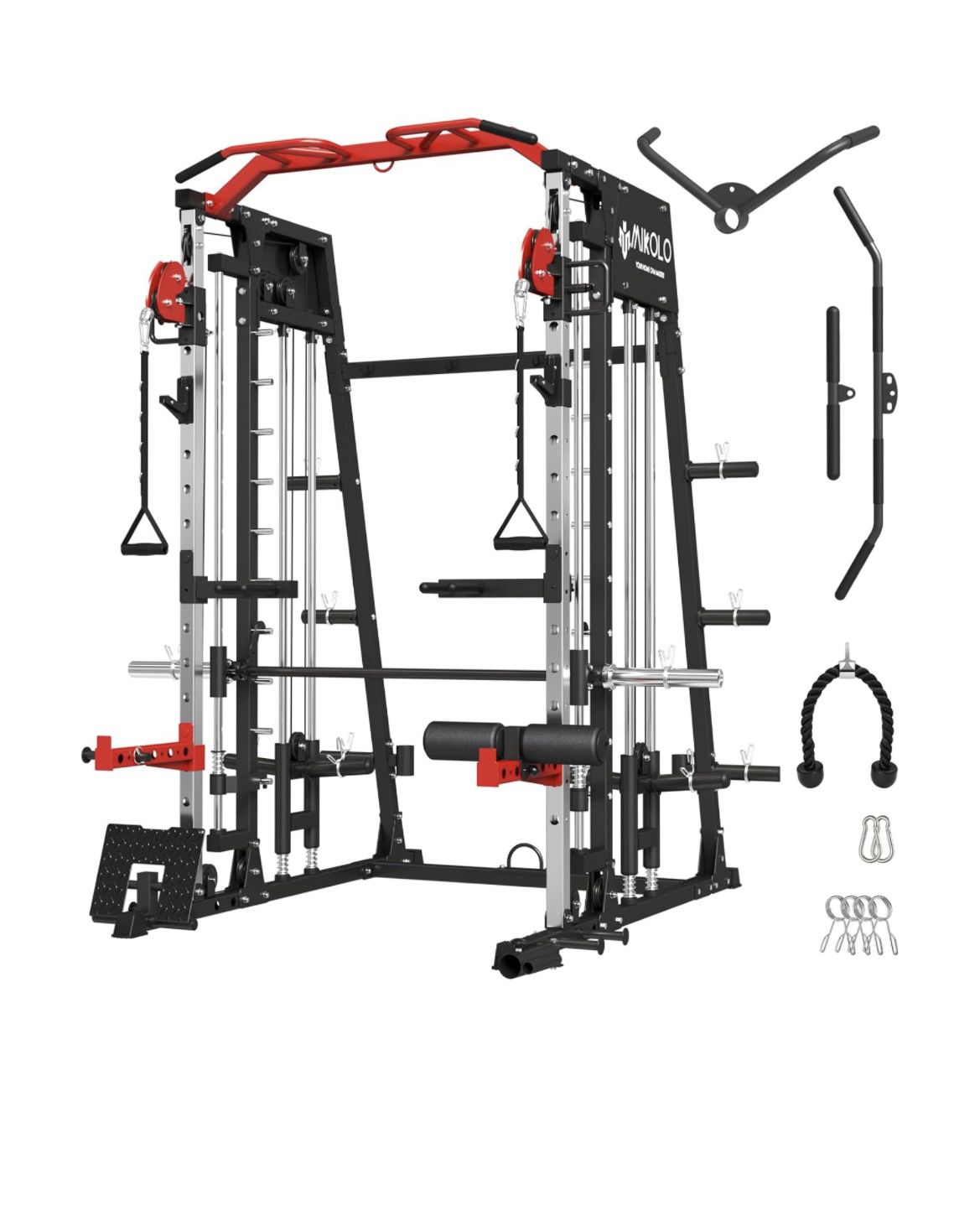 Smith Machine, 2200lbs Squat Rack with LAT-Pull Down System & Cable Crossover Machine, Training Equipment with Leg Hold-Down Attachment