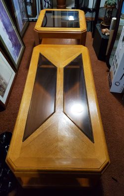 Golden Wooden And Glass Coffee Table With End Table
