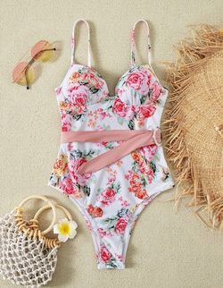 Floral Pattern Belted One Piece Swimsuit.