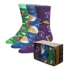 Happy Hour Themed 3 Pairs Crew Socks Box Set Fits Shoe Size 8-12 Drinking Gift