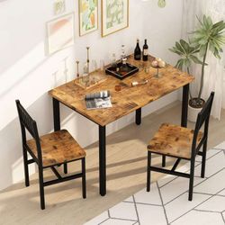 3 Piece Dining Table Set, Industrial Kitchen Table and 2 Chairs with Metal Frame, Dining Room Table