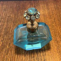 Vintage IRICE Blue Glass Perfume Bottle Jeweled Top 3 3/4" by 2 5/8" 