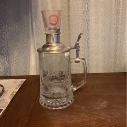 Vintage Beer Stein By  Alee With Etched Deer and Built On Lid Shot Glass Holder