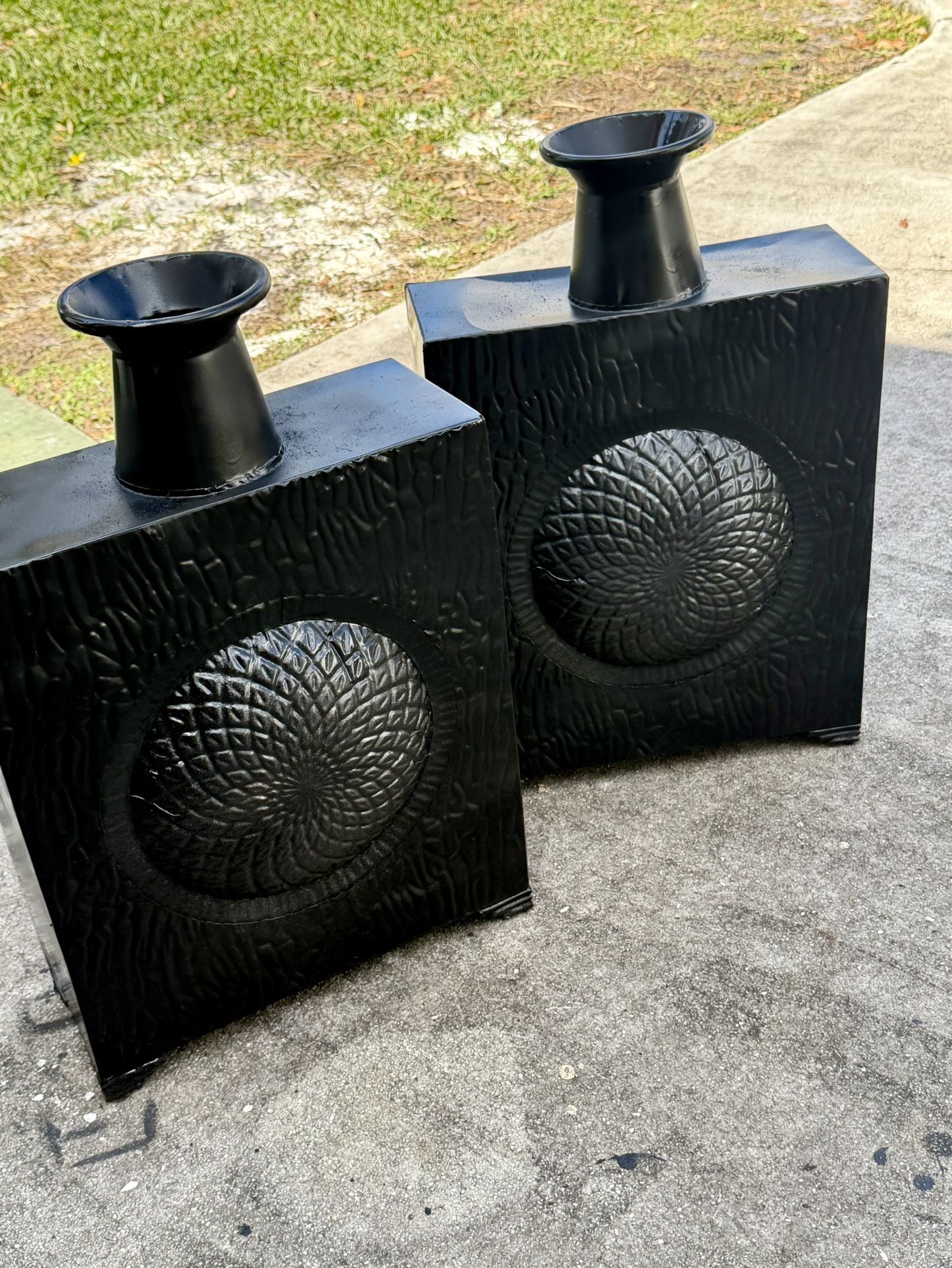 Pair (2) Gorgeous Black Metal Home Decor Vases 15 X 5 X 23