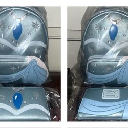 LOUNGEFLY The Princess & The Frog Tiana Blue Gown Glitter Mini Backpack & Wallet SET