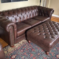Chesterfield sofa, chair, and ottoman