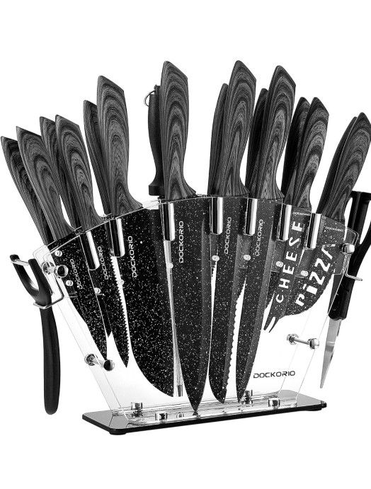all in one Kitchen Knife Set with Block, 19 PCS High Carbon Stainless Steel Sharp Serrated Steak Knives Set, Chef Knives, Bread Knife, Scissor