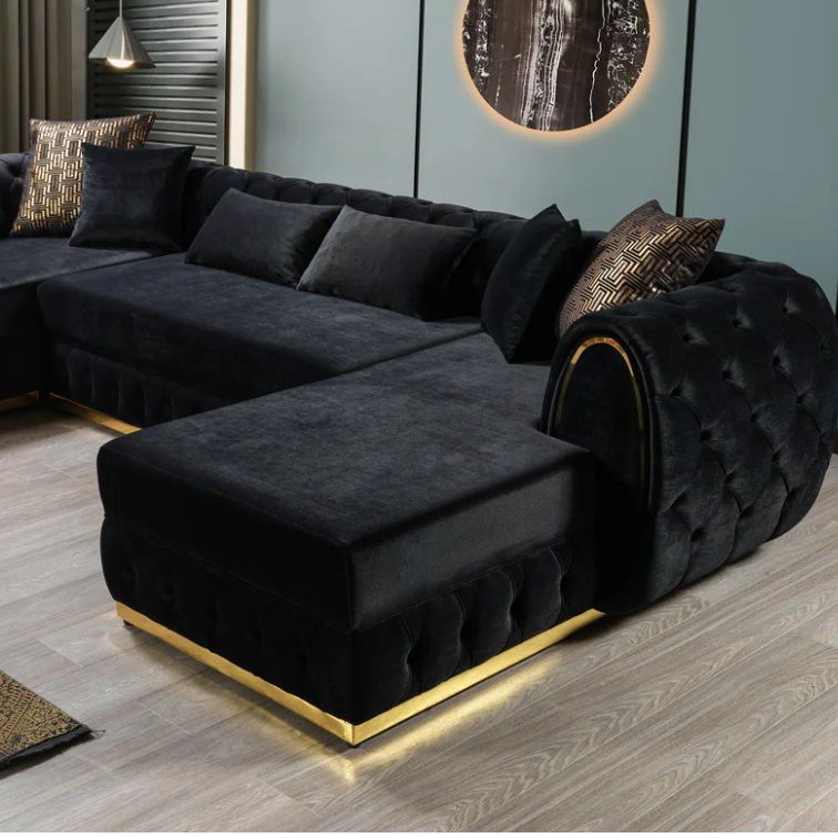 Jessie Black Velvet Double Chaise Sectional💥Only $54 Down Payment 💫Financing Available ✅Cast Delivery 