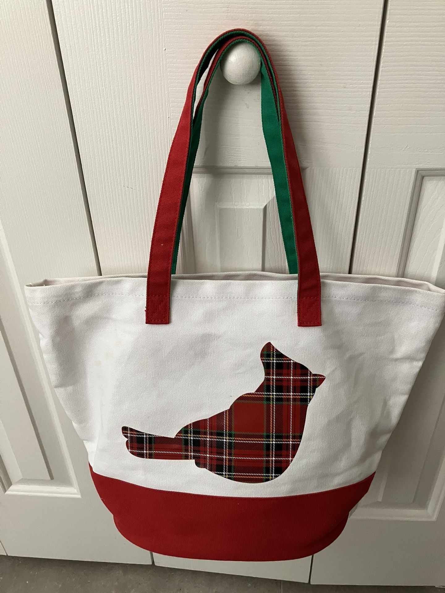 Christmas Cardinal Canvas Bucket Tote Bag Plaid Natural Red and Green