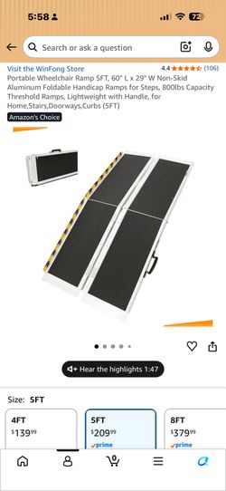 WinFong Portable Wheelchair Ramp 5FT, 60" L x 29" W