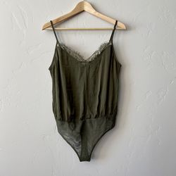 Socialite Women’s Lace Trim Satin Bodysuit Green NWT