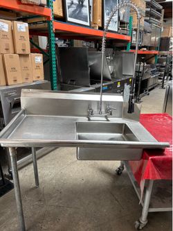 48” Dish Table  dirty left side commercial stainless steel with scrap basket cutout for pre rinse faucet washing dishwasher extension loading slide in