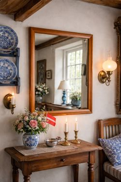 Mid-Century Danish Modern Wall Mirror w/ Leaded Glass -  32" x 40"