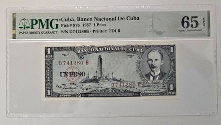 1 peso 1957 cuba jose marti PMG 65