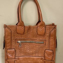 Essentiel Antwerp Honey Brown Basket Weave Big Faux Leather Tote Bag Satchel EXC
