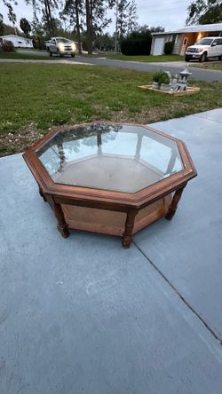 VINTAGE HEXAGONAL GLASS TOP COFFEE WOOD WITH A LOWER WHICKER  SHELF TABLE