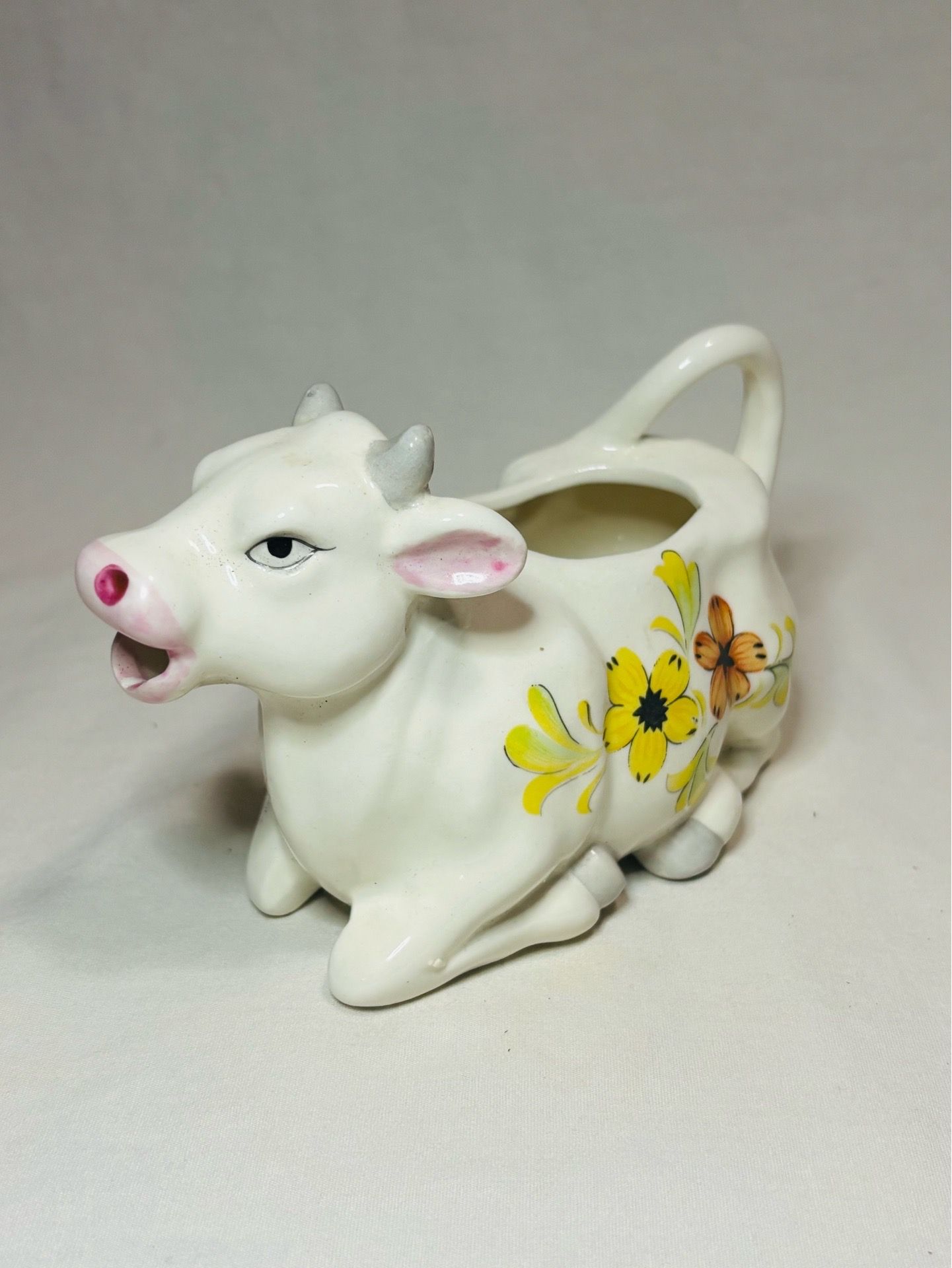 VTG Lenwile Ardalt Artware Japan #7254 White Cow Creamer Floral Design Farmhouse