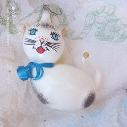 Vintage De Carlini White Cat Hand Blown Glass Ornament • Embellished • Italy