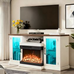 Pamapic 3-Sided Electric Fireplace TV Stand, Farmhouse Entertainment Center with 36" LED Fireplace & Glass Doors for Living Room
