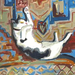 Kitty On Patterned Rug - Original Goauche Painting By Wendy X