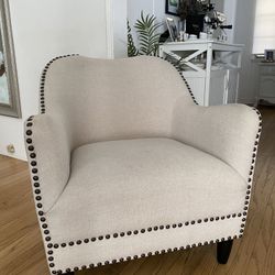 beige linen nailhead lounge chair
