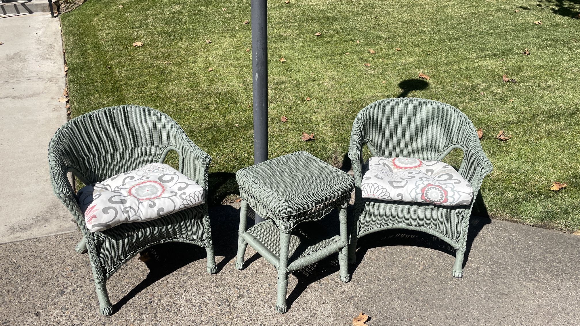 Wicker Rattan style arm chairs and side table - 3 piece furniture set