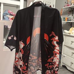 Anime Plus Floral & Fox Graphic Drop Shoulder Open Front Kimono