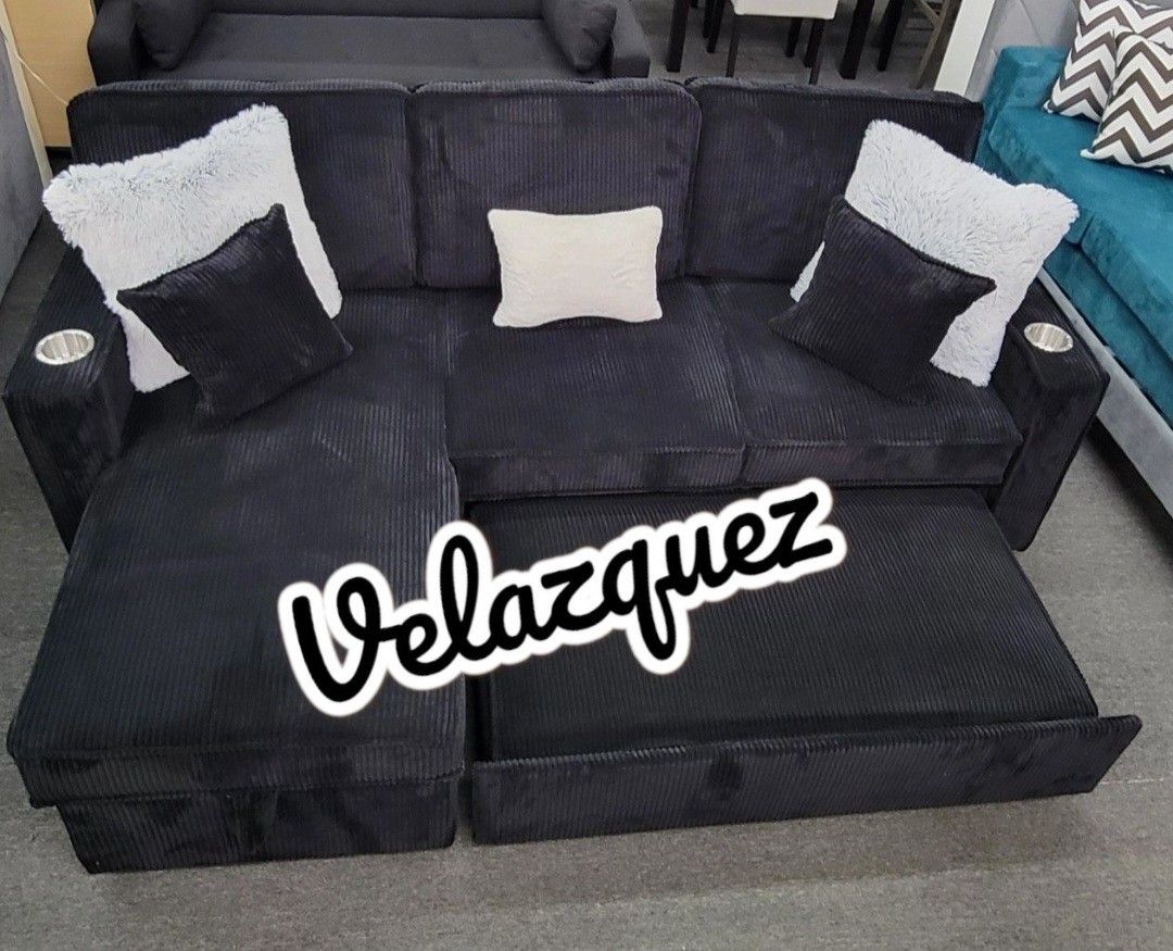 ✅️✅️ Black Convertible Sectional W/ Cup Holder & W/ USB Port✅️✅️