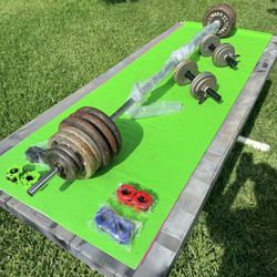 Standard Weights With New Barbell Plus Quick Locking Collars (Choice Of Color), And Dumbbell Handles 