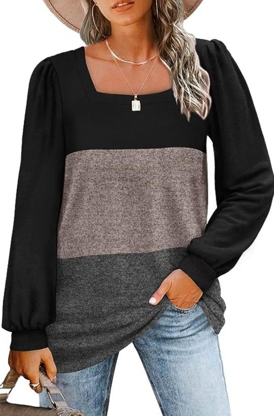 🆕️🏷 WIHOLL Tunic Top Loose Fit Long Sleeve Shirt Square Neck - L