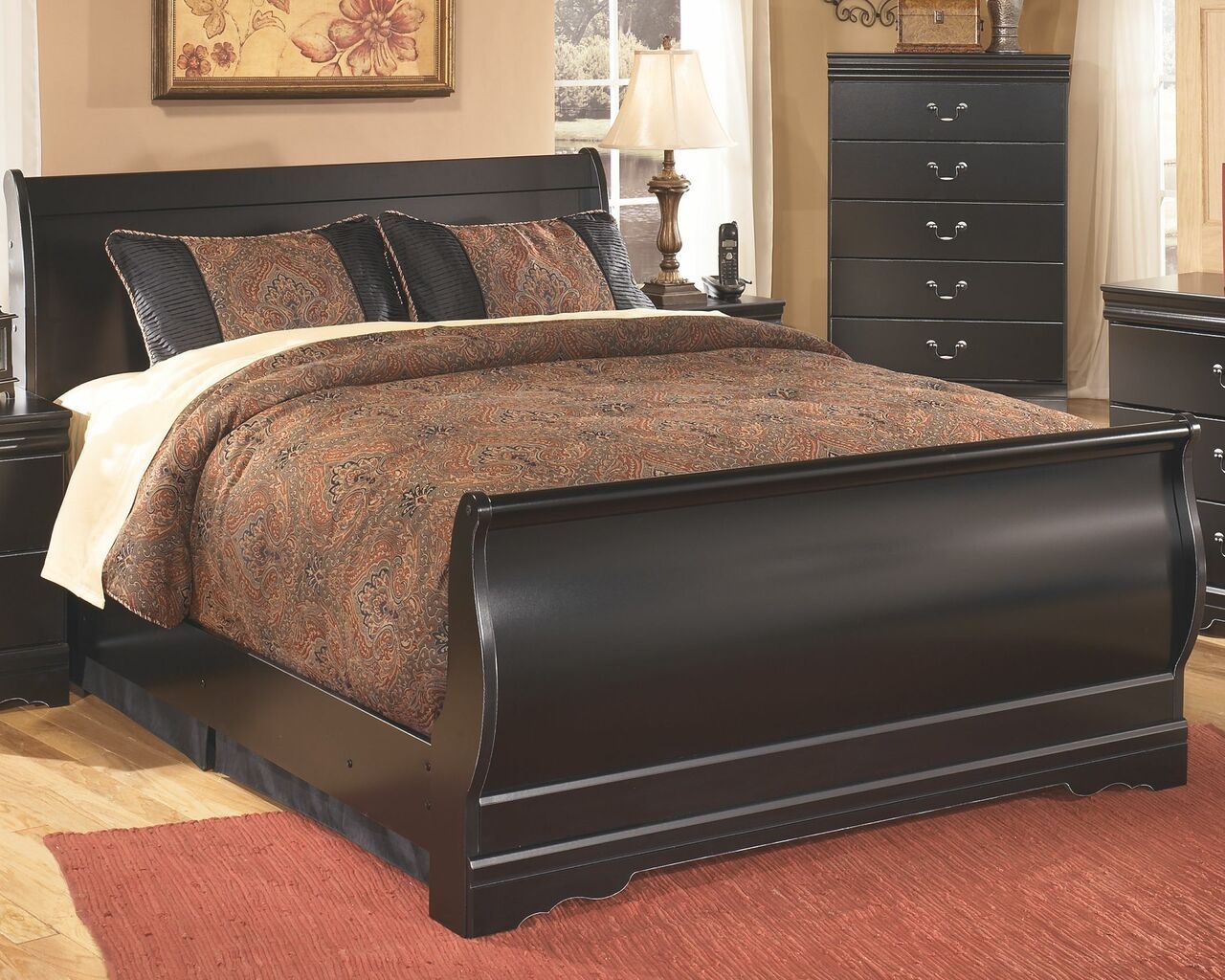 black sleigh bed frame and box spring