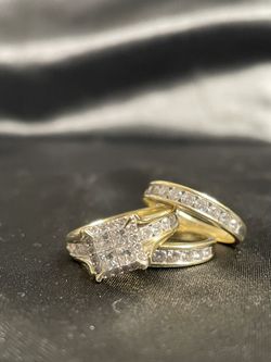 Real Gold Wedding Ring Set – 1 Engagement Ring + 2 Bands