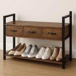 Rustic Shoe Storage Bench with 3 Drawers – Brand New