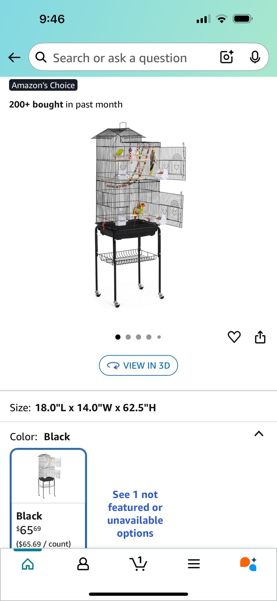 Yaheetech Bird Cage 64-inch Play Open Top Medium Small Parrot Parakeet Bird Cages with Detachable Rolling Stand for Parrot Lovebirds Finches Parakeets