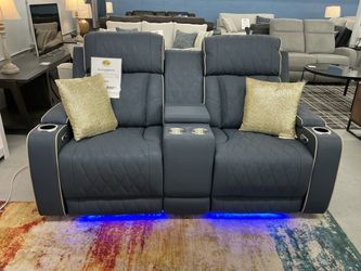 Gray-blue power recliner w/ LED lighting, USB/USBC charging ports, and hidden storage