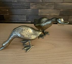 Vintage 2 Solid Brass Geese Pair Duck Figurines MCM Brass Goose