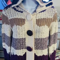 Vero Moda Knit Hooded Button Down Sweater Hoodie Brown Size Medium