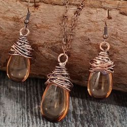 BEAUTIFUL AMBER COLOR DROP PENDANT STYLE EARRINGS & NECKLACE SET