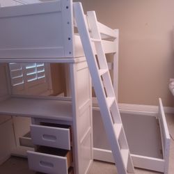 Solid Wood Sturdy White Twin Bunk Bed Frame With Desk And Full Bedframe Underneath Good Condition 