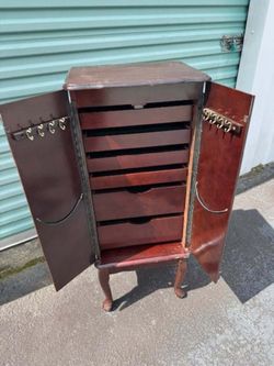Vintage Wooden Jewelry Armoire Cabinet with Mirror and Multiple Drawers