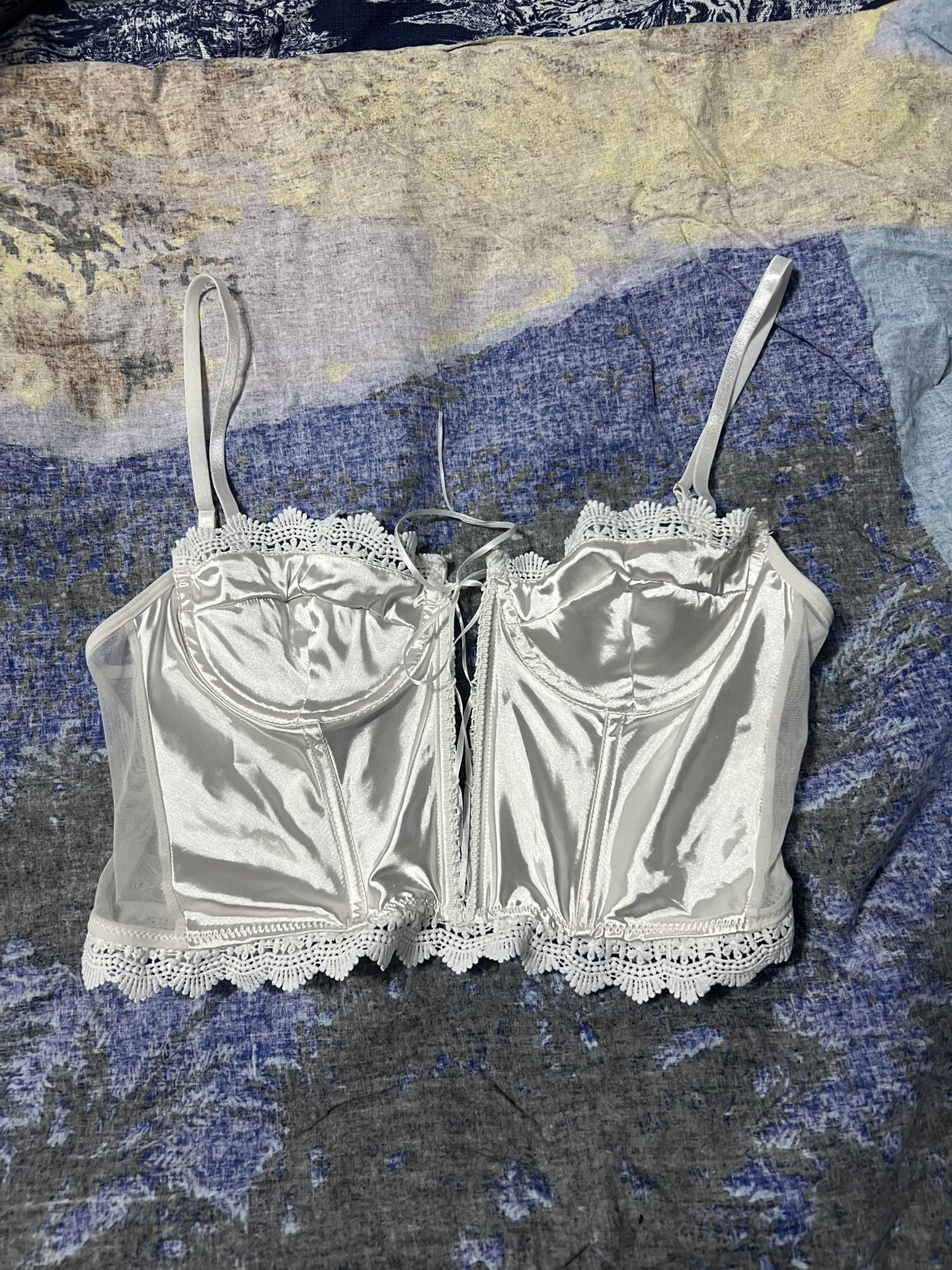 White Lace Up Satin Corset Top