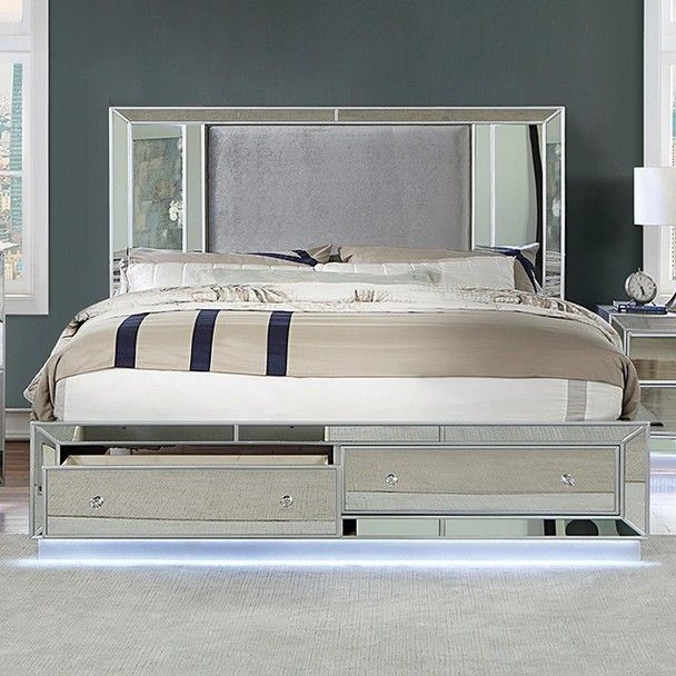 Queen Size Bed Frame Belladona Glam Silver Headboard w/ Mirror Accents LED Light