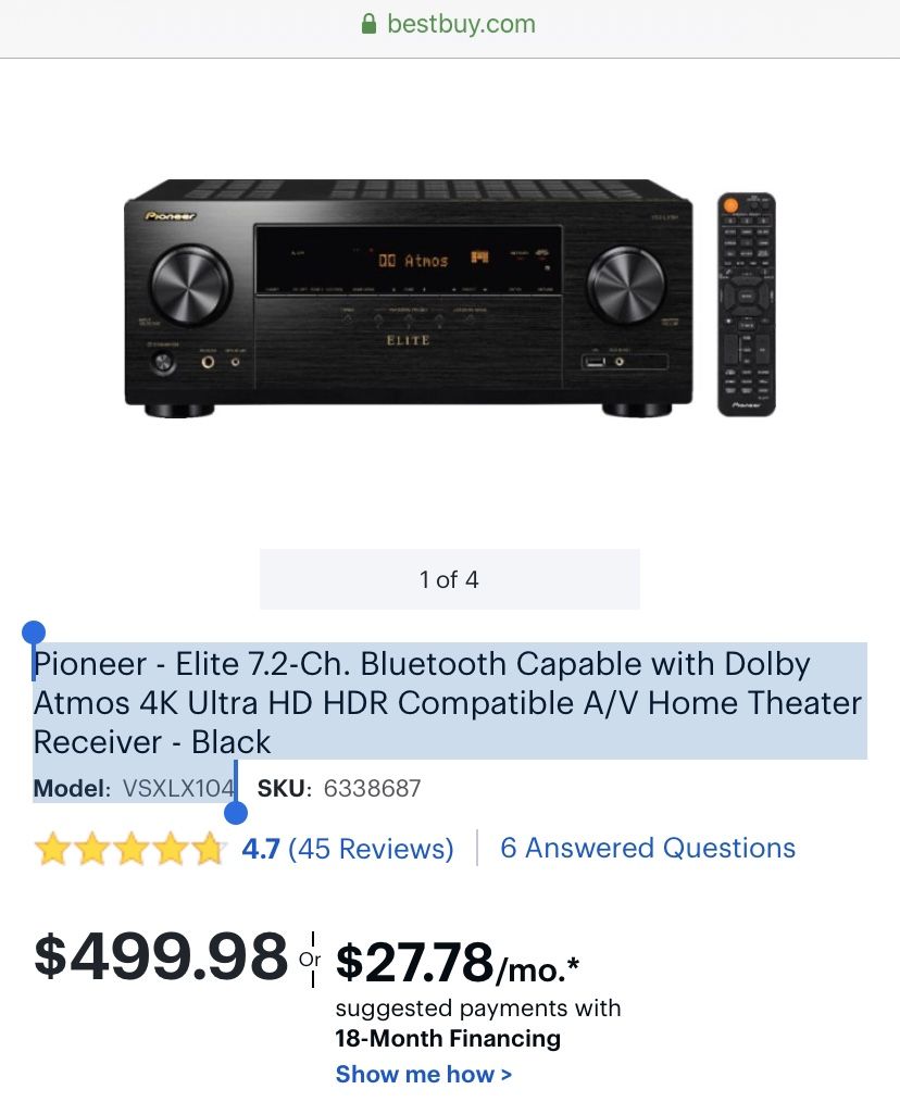 Pioneer elite 7.2 ch Bluetooth capable with Dolby atoms 4K ultra had home theater