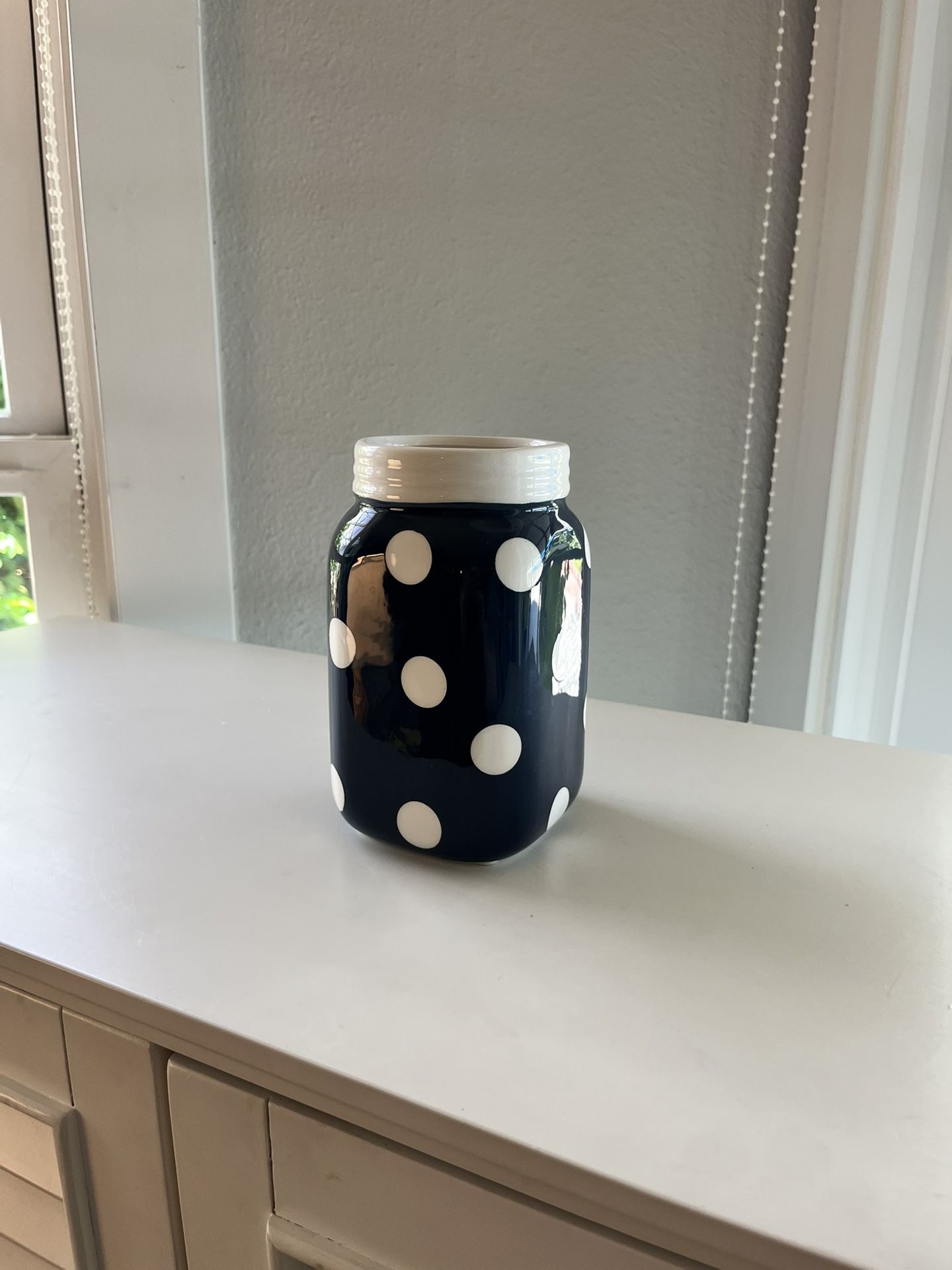 Navy blue polkadot “Mason jar” flower vase
