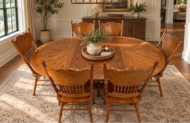 Round Oak Dining Table with 6 Chairs