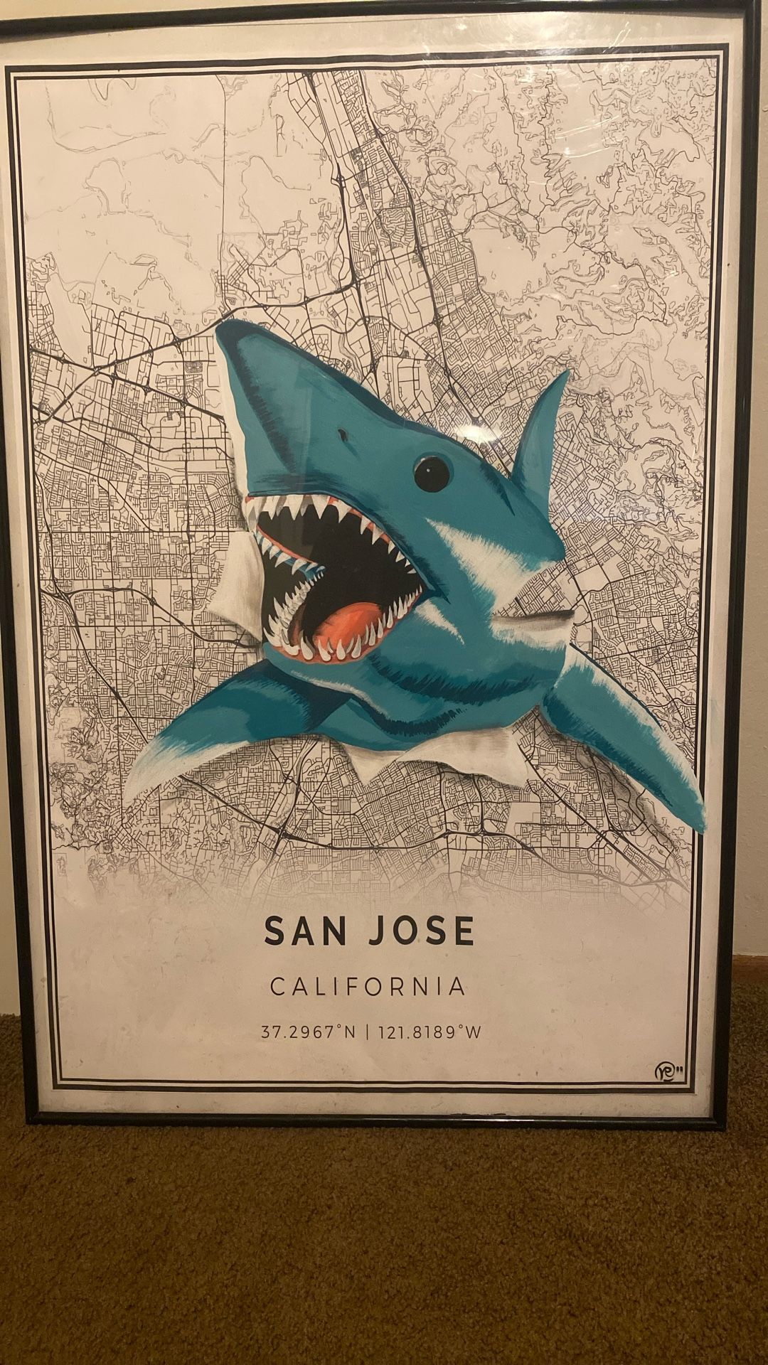 ORIGINAL San Jose Sharks Art on Vintage Map - Hand Painted & Framed
