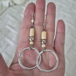 Vtg.Sterling Silver Bone Round Hoop Earrings