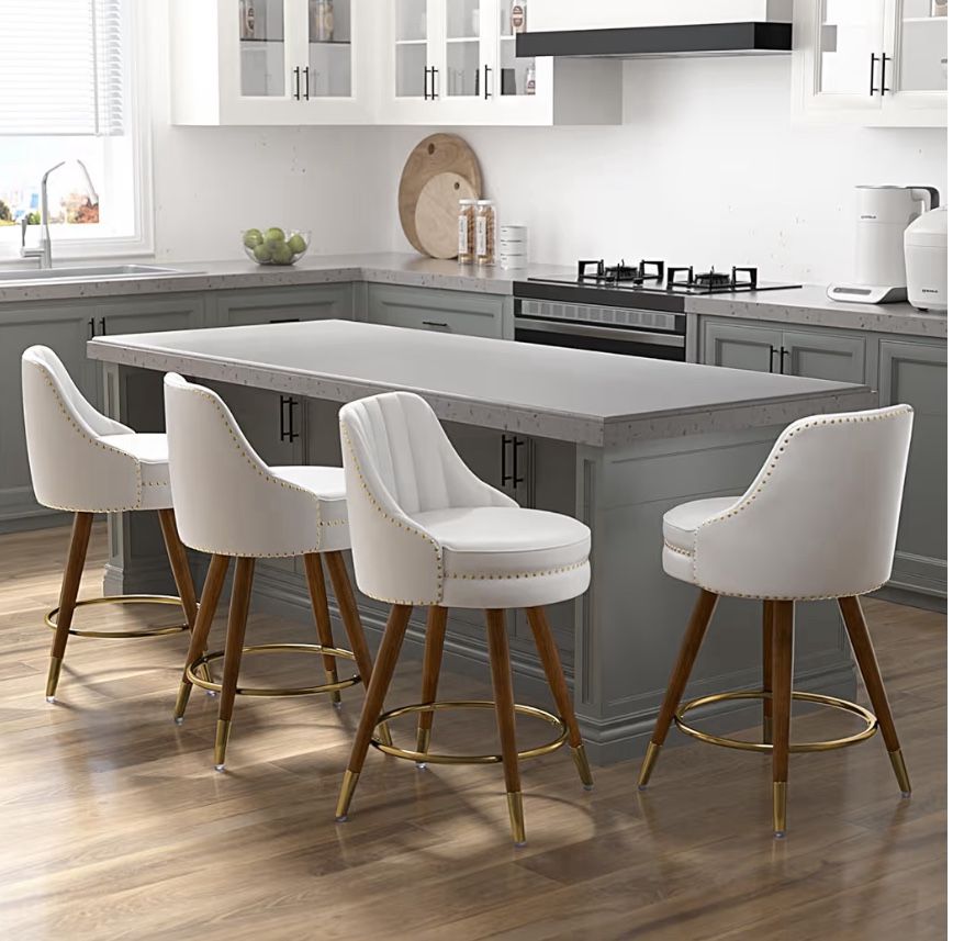 Counter Height Bar Stools Set of 4, 24" Leather White Bar Stools with Backs, Swivel Counter Stools with Wooden Legs for Kitchen, Dining Room, Bar, Cre